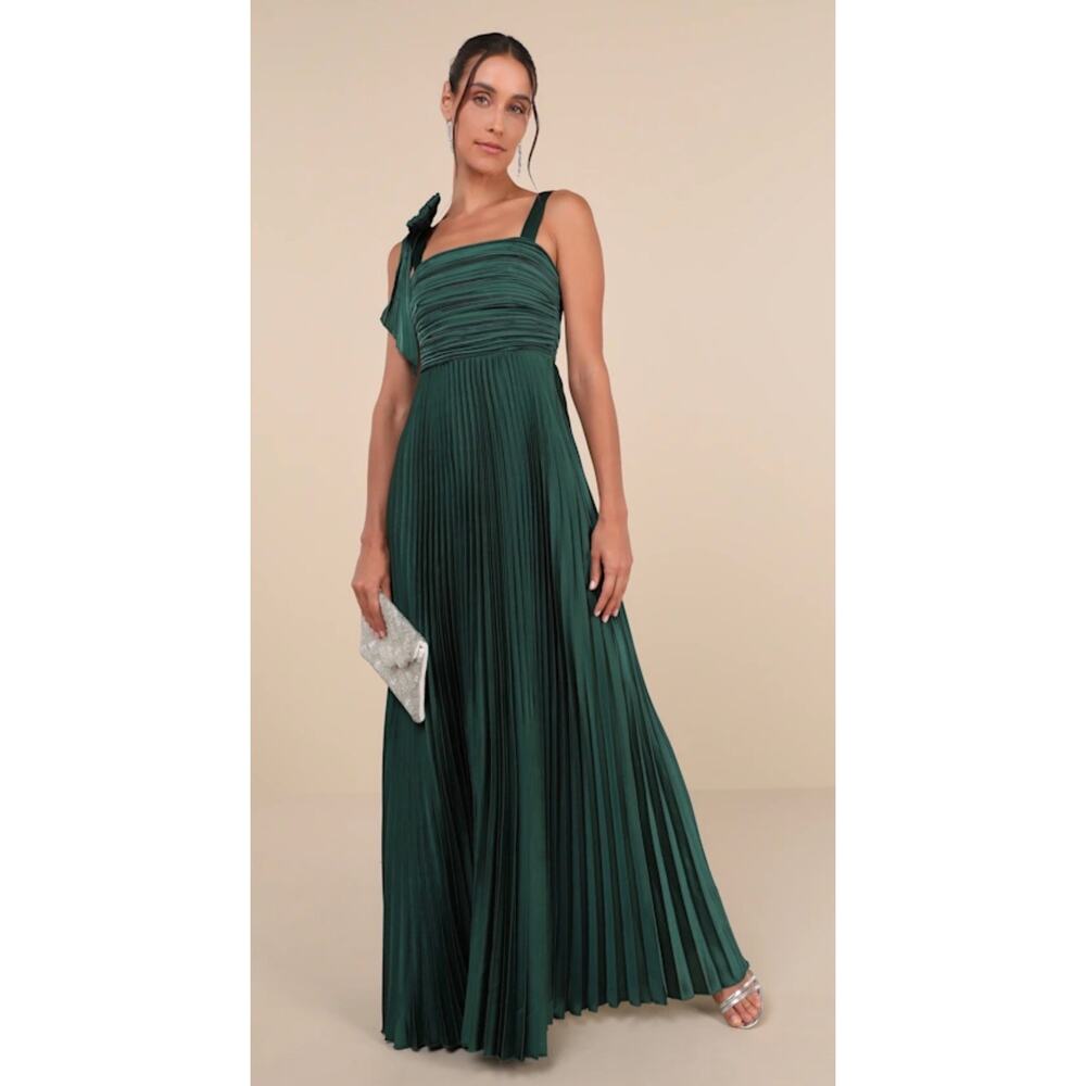 Lulus Emerald Green Satin Pleated Sleeveless Bow Maxi Dress Prom Glam NWT sz XS - Picture 2 of 7